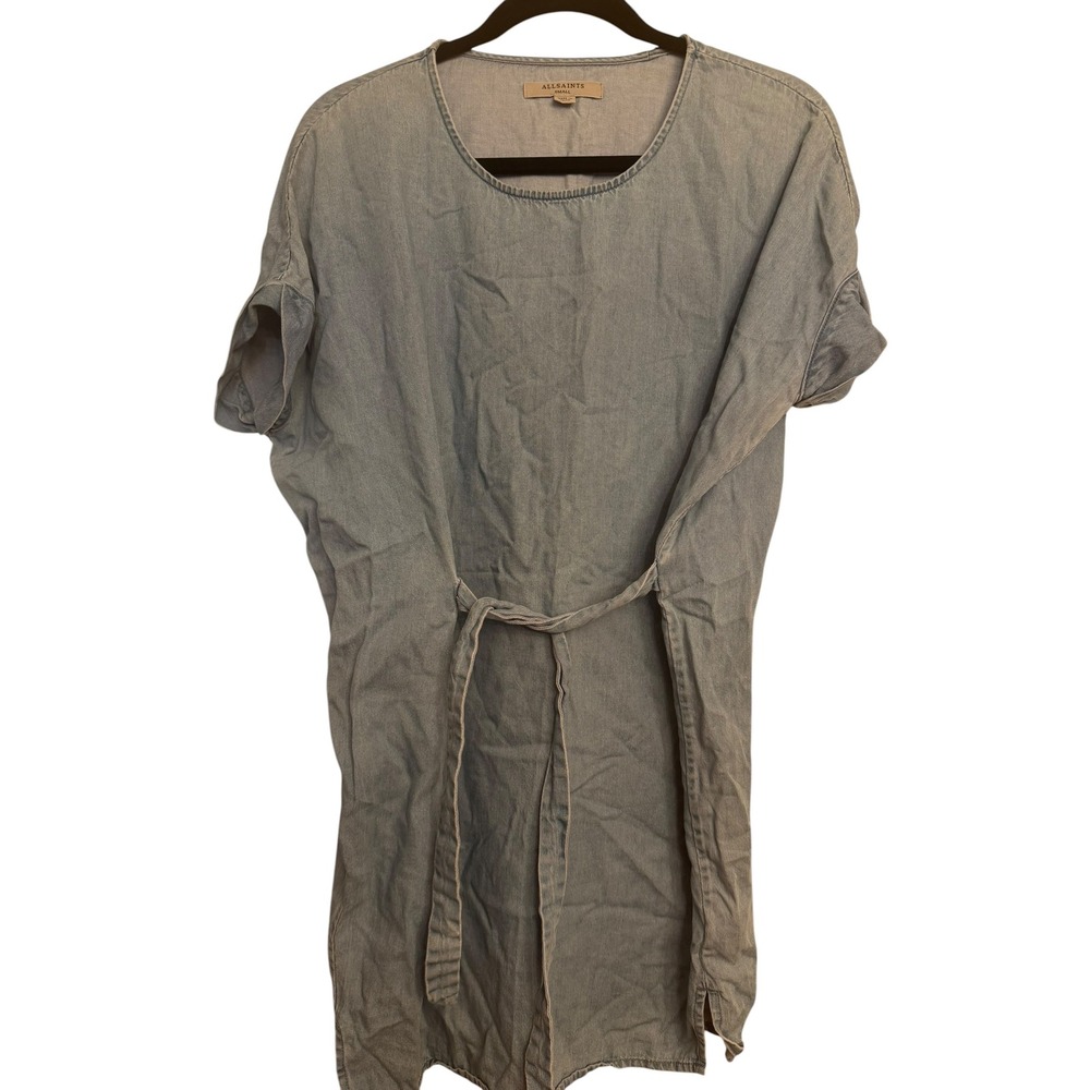 AllSaints Women Light Wash Denim Tie Waist Shift Dress Blue Small Short Sleeve